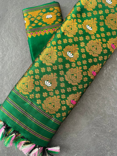 Assam Pat Mulberry Silk Saree | Green | Gold Zari | Handwoven | Silk Mark Certified | Ships from California